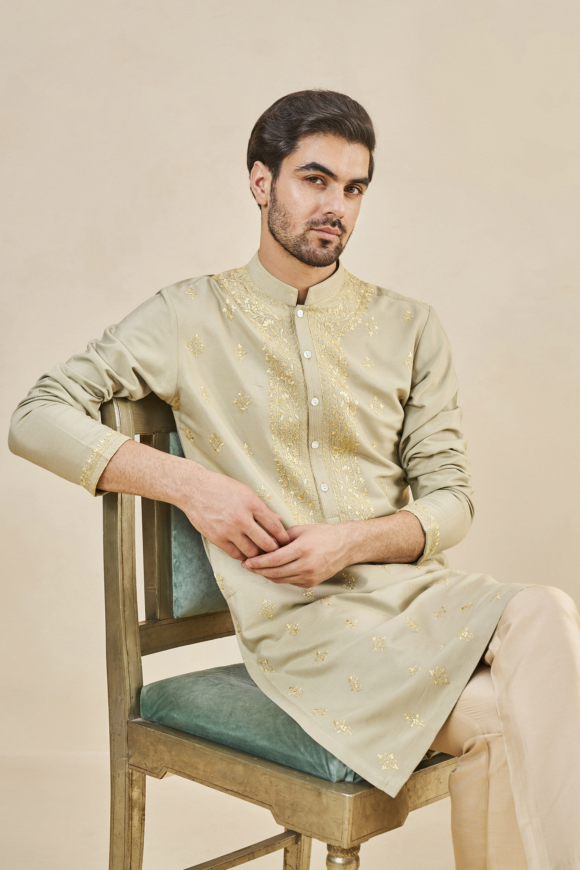 Shirom Embroidered Chikankari Kurta - Olive, Olive, image 4